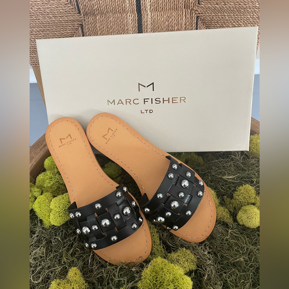 Marc Fisher Black studded woven Leather sandals slides